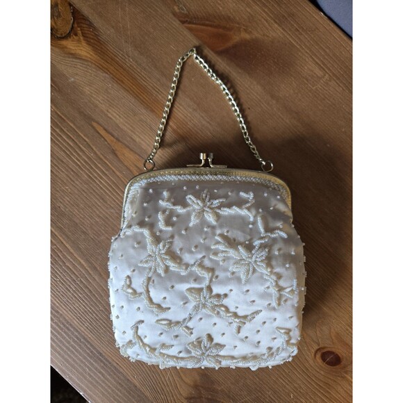 Handmade Handbags - Vintage Walborg Beaded Evening Purse Cream with Gold Chain Clasp, Handmade HK